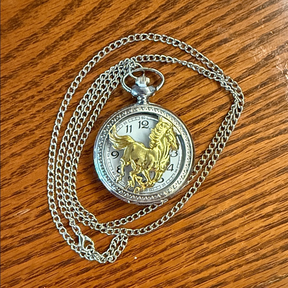 Silver and Gold Horse Pocket Watch with Chain